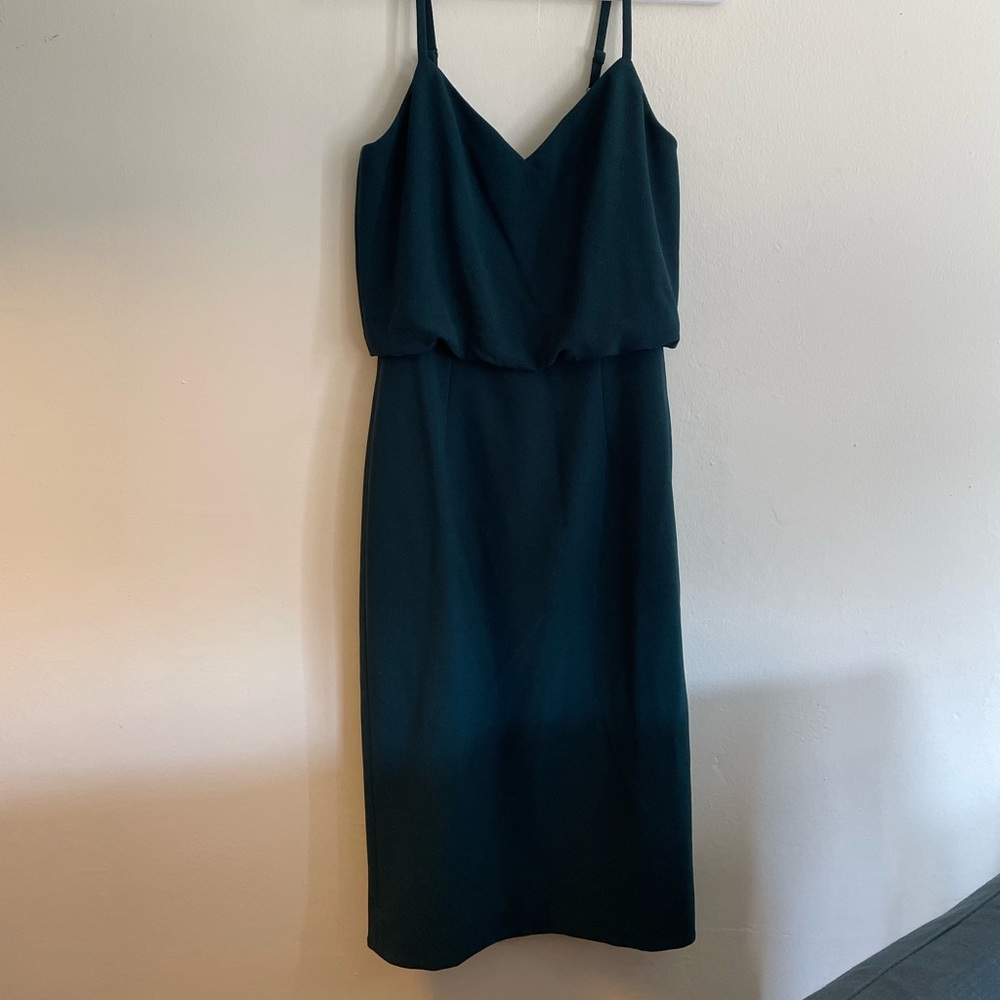dress the population teal spaghetti strap v neck dress